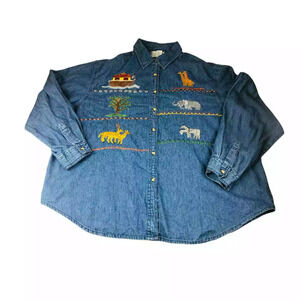 VTG Talk America Womens Noah's Ark Denim Button Down Shirt Long Sleeve Size 22